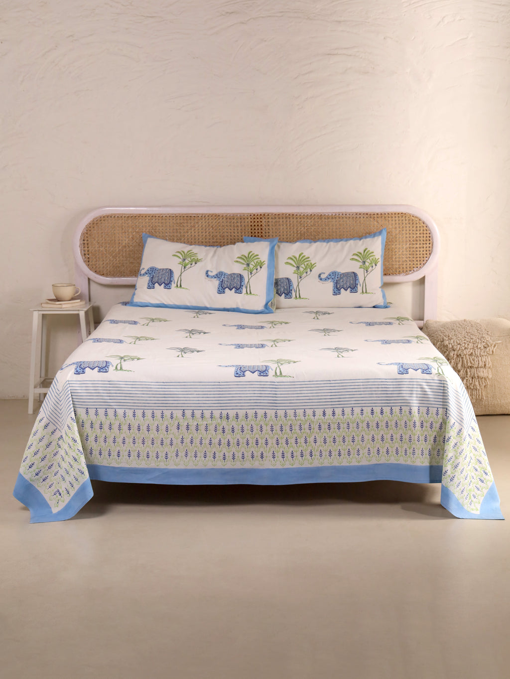 HATHI BAAGH PRINT HAND BLOCK PRINT COTTON BEDSHEET WITH PILLOW COVER