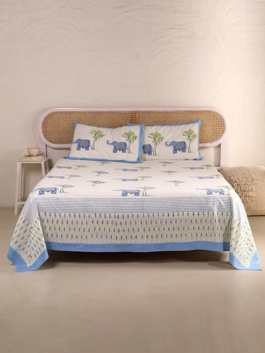 Hand Block Print Jaipuri Cotton Bedsheet With Two Reversible Pillow Cover