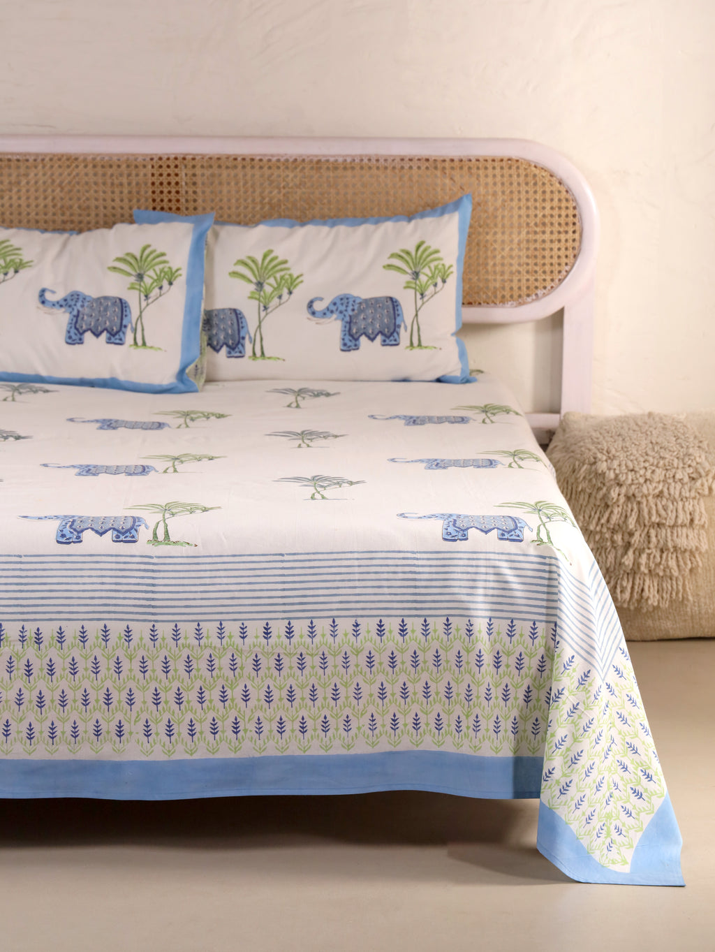 HATHI BAAGH PRINT HAND BLOCK PRINT COTTON BEDSHEET WITH PILLOW COVER