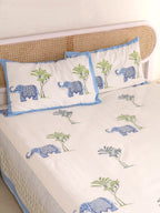 HATHI BAAGH PRINT HAND BLOCK PRINT COTTON BEDSHEET WITH PILLOW COVER