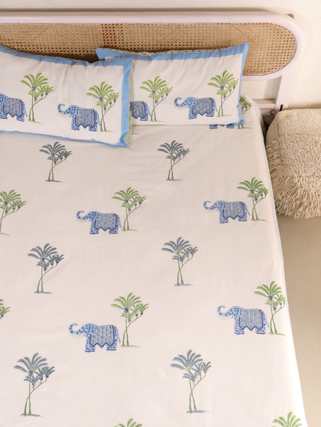 HATHI BAAGH PRINT HAND BLOCK PRINT COTTON BEDSHEET WITH PILLOW COVER