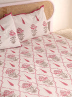 RANI BAGH PINK MUGHAL JAAL PRINT HAND BLOCK PRINT COTTON BEDSHEET WITH PILLOW COVER