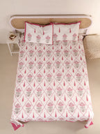RANI BAGH PINK MUGHAL JAAL PRINT HAND BLOCK PRINT COTTON BEDSHEET WITH PILLOW COVER