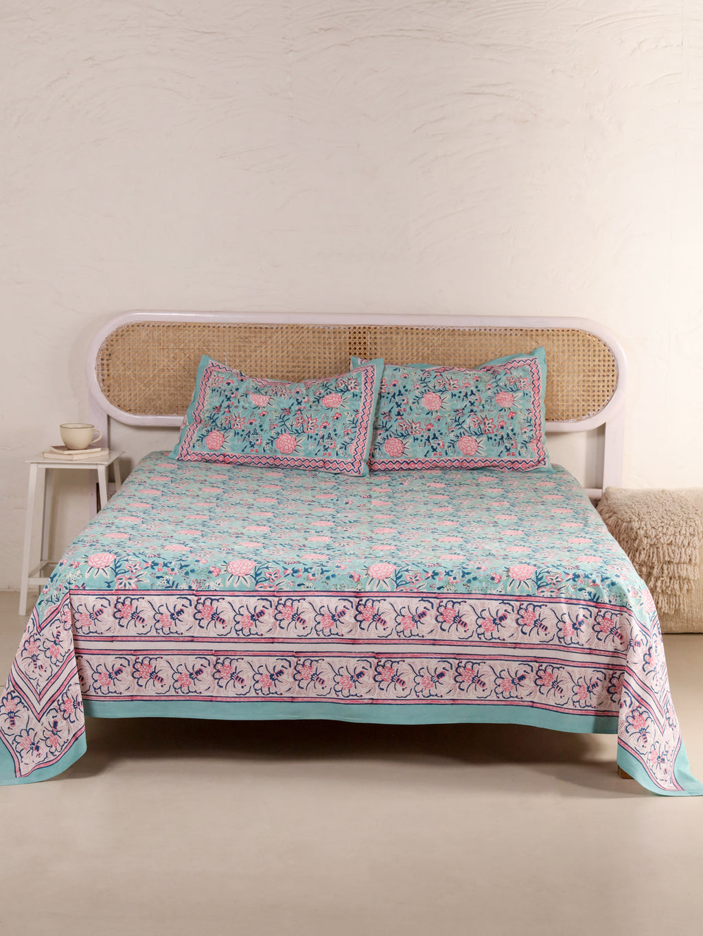 ENGKISH GREEN FOREST PRINT HAND BLOCK PRINT COTTON BEDSHEET WITH PILLOW COVER