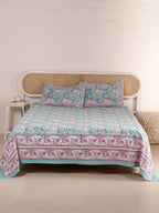 ENGKISH GREEN FOREST PRINT HAND BLOCK PRINT COTTON BEDSHEET WITH PILLOW COVER