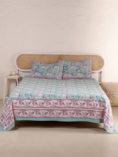 Hand Block Print Jaipuri Cotton Bedsheet With Two Reversible Pillow Cover