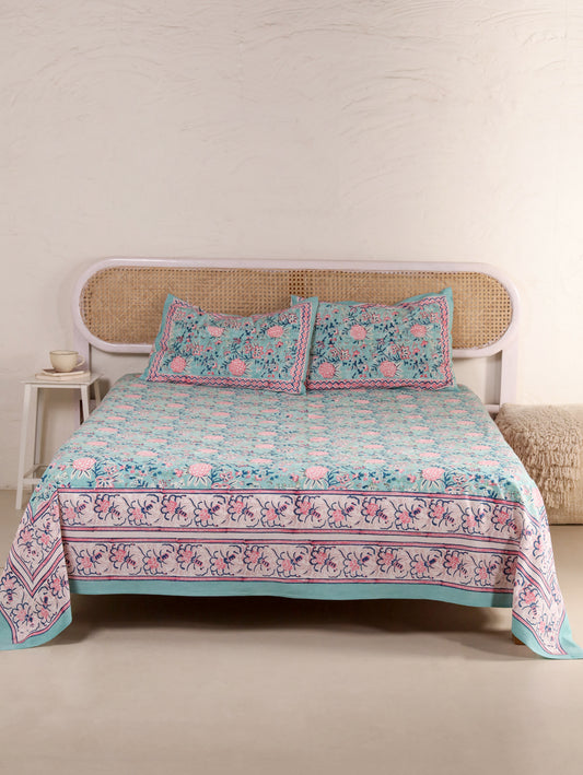 Hand Block Print Jaipuri Cotton Bedsheet With Two Reversible Pillow Cover