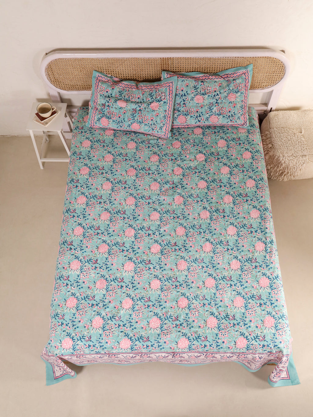ENGKISH GREEN FOREST PRINT HAND BLOCK PRINT COTTON BEDSHEET WITH PILLOW COVER