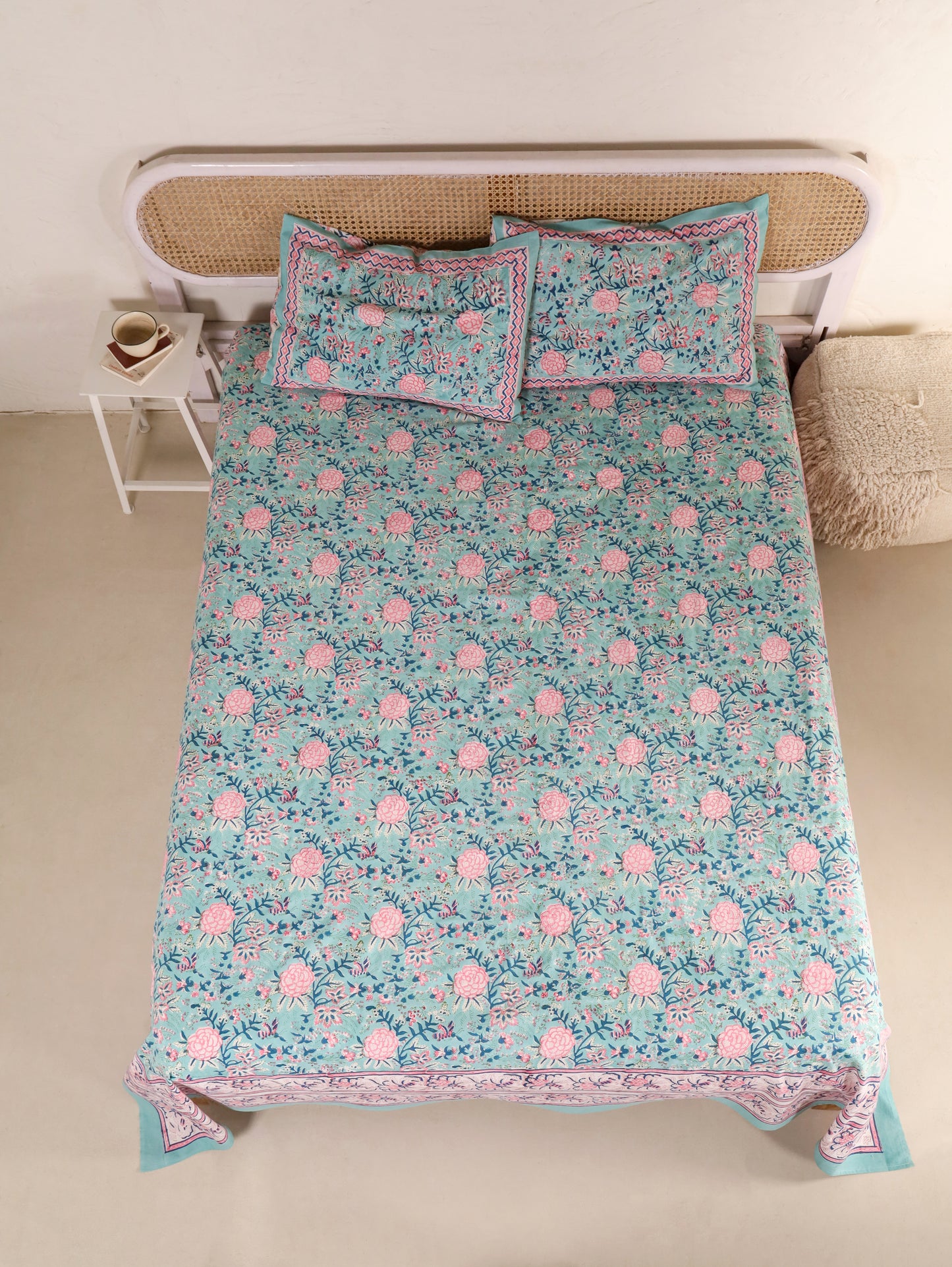 Hand Block Print Jaipuri Cotton Bedsheet With Two Reversible Pillow Cover