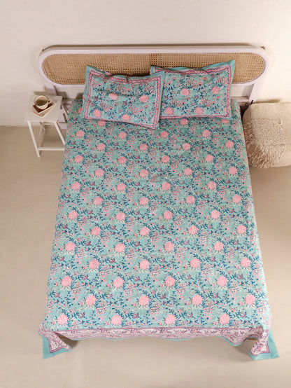 Hand Block Print Jaipuri Cotton Bedsheet With Two Reversible Pillow Cover