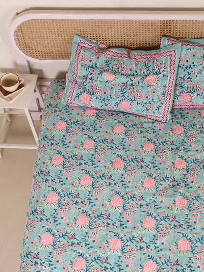 Hand Block Print Jaipuri Cotton Bedsheet With Two Reversible Pillow Cover