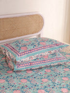 ENGKISH GREEN FOREST PRINT HAND BLOCK PRINT COTTON BEDSHEET WITH PILLOW COVER
