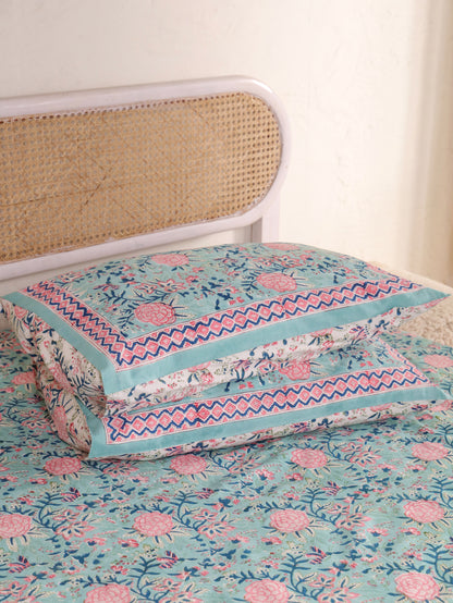 Hand Block Print Jaipuri Cotton Bedsheet With Two Reversible Pillow Cover
