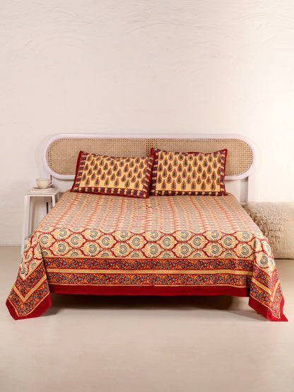 Hand Block Print Jaipuri Cotton Bedsheet With Two Reversible Pillow Cover