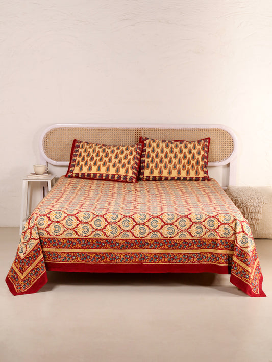 Hand Block Print Jaipuri Cotton Bedsheet With Two Reversible Pillow Cover