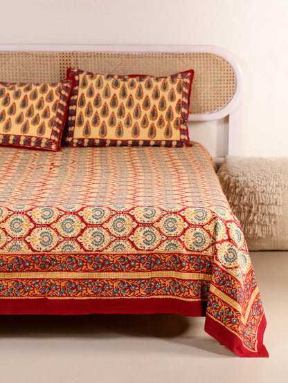 Hand Block Print Jaipuri Cotton Bedsheet With Two Reversible Pillow Cover