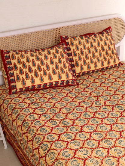 Hand Block Print Jaipuri Cotton Bedsheet With Two Reversible Pillow Cover