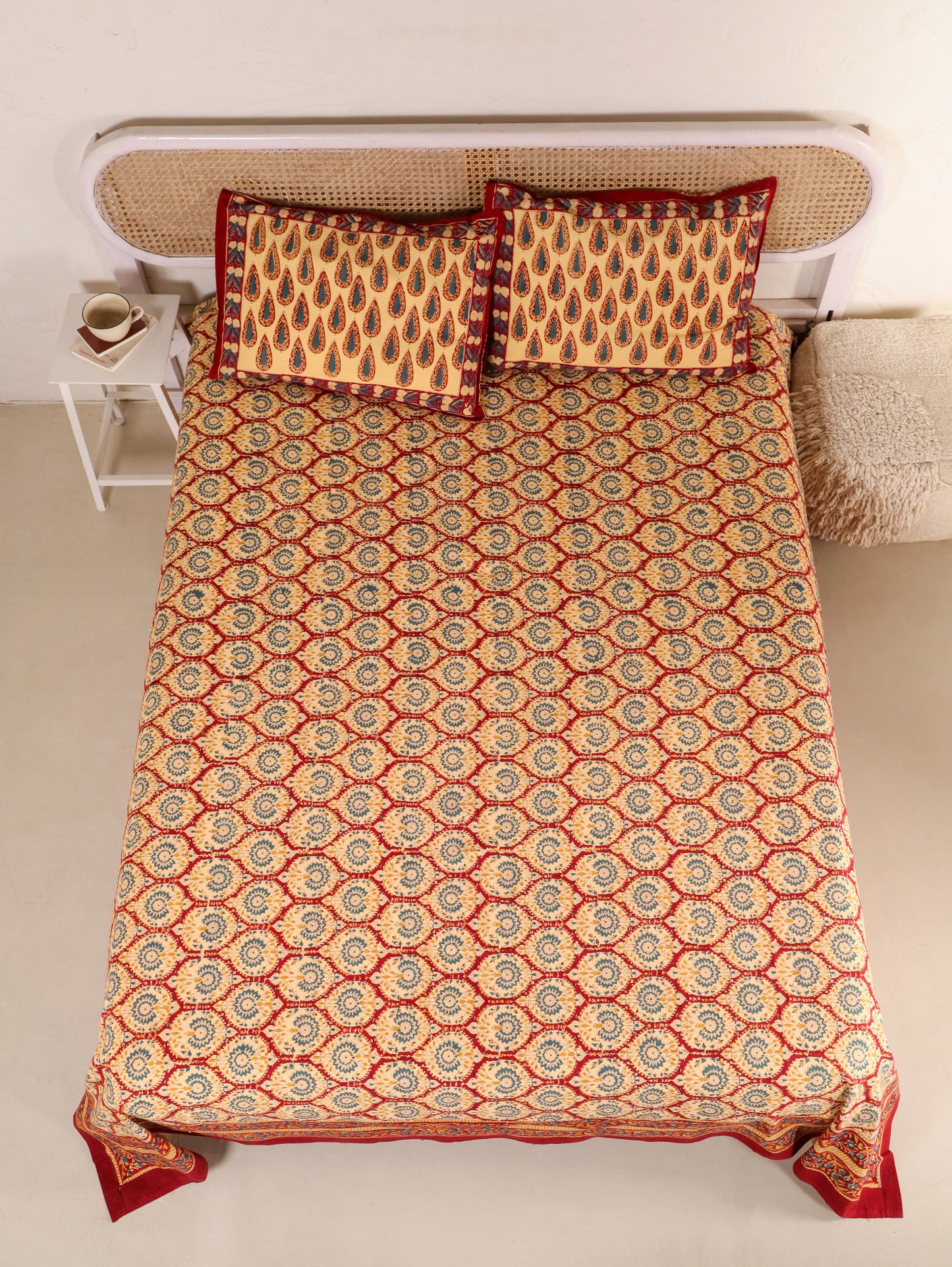 Hand Block Print Jaipuri Cotton Bedsheet With Two Reversible Pillow Cover