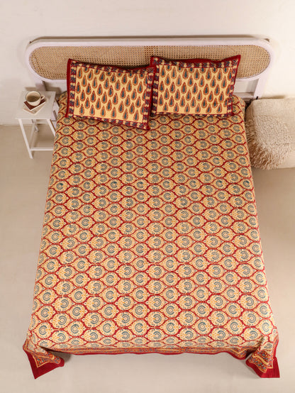 Hand Block Print Jaipuri Cotton Bedsheet With Two Reversible Pillow Cover