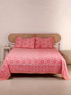 PINK ROSETTEL PRINT HAND BLOCK PRINT COTTON BEDSHEET WITH PILLOW COVER