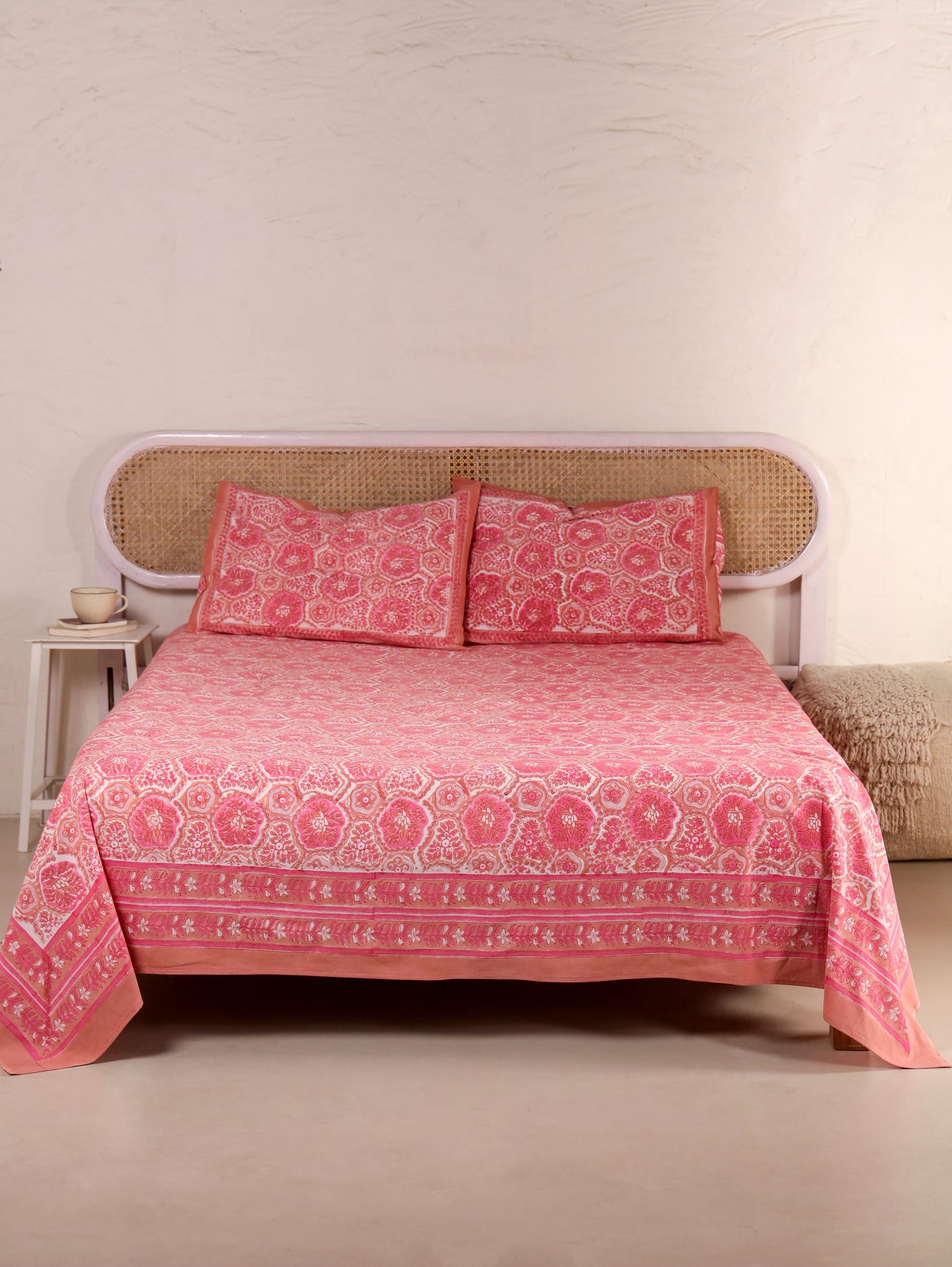 Hand Block Print Jaipuri Cotton Bedsheet With Two Reversible Pillow Cover