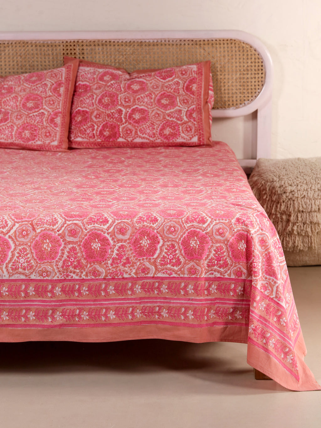 PINK ROSETTEL PRINT HAND BLOCK PRINT COTTON BEDSHEET WITH PILLOW COVER