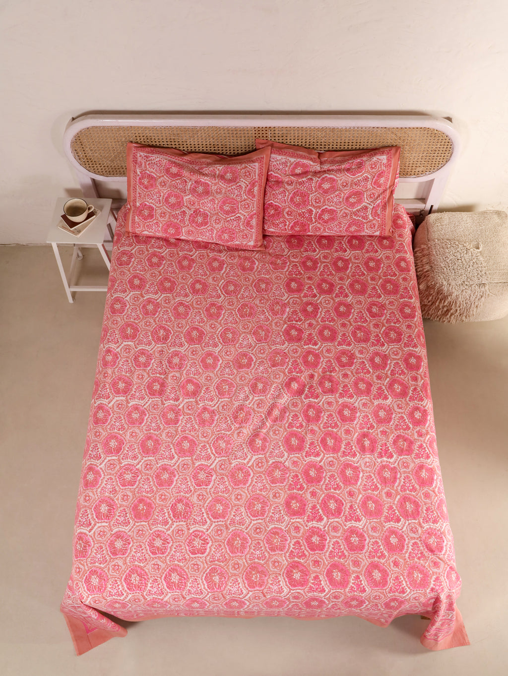 PINK ROSETTEL PRINT HAND BLOCK PRINT COTTON BEDSHEET WITH PILLOW COVER