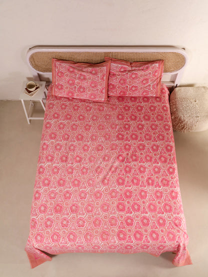Hand Block Print Jaipuri Cotton Bedsheet With Two Reversible Pillow Cover