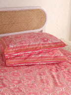 PINK ROSETTEL PRINT HAND BLOCK PRINT COTTON BEDSHEET WITH PILLOW COVER