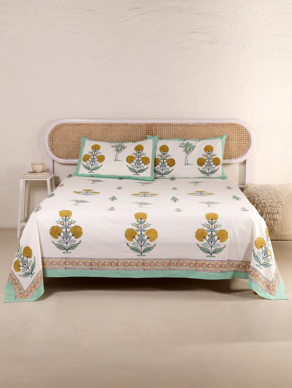 VINTAGE MULTI BUTTA PRINT HAND BLOCK PRINT COTTON BEDSHEET WITH PILLOW COVER