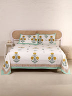 VINTAGE MULTI BUTTA PRINT HAND BLOCK PRINT COTTON BEDSHEET WITH PILLOW COVER