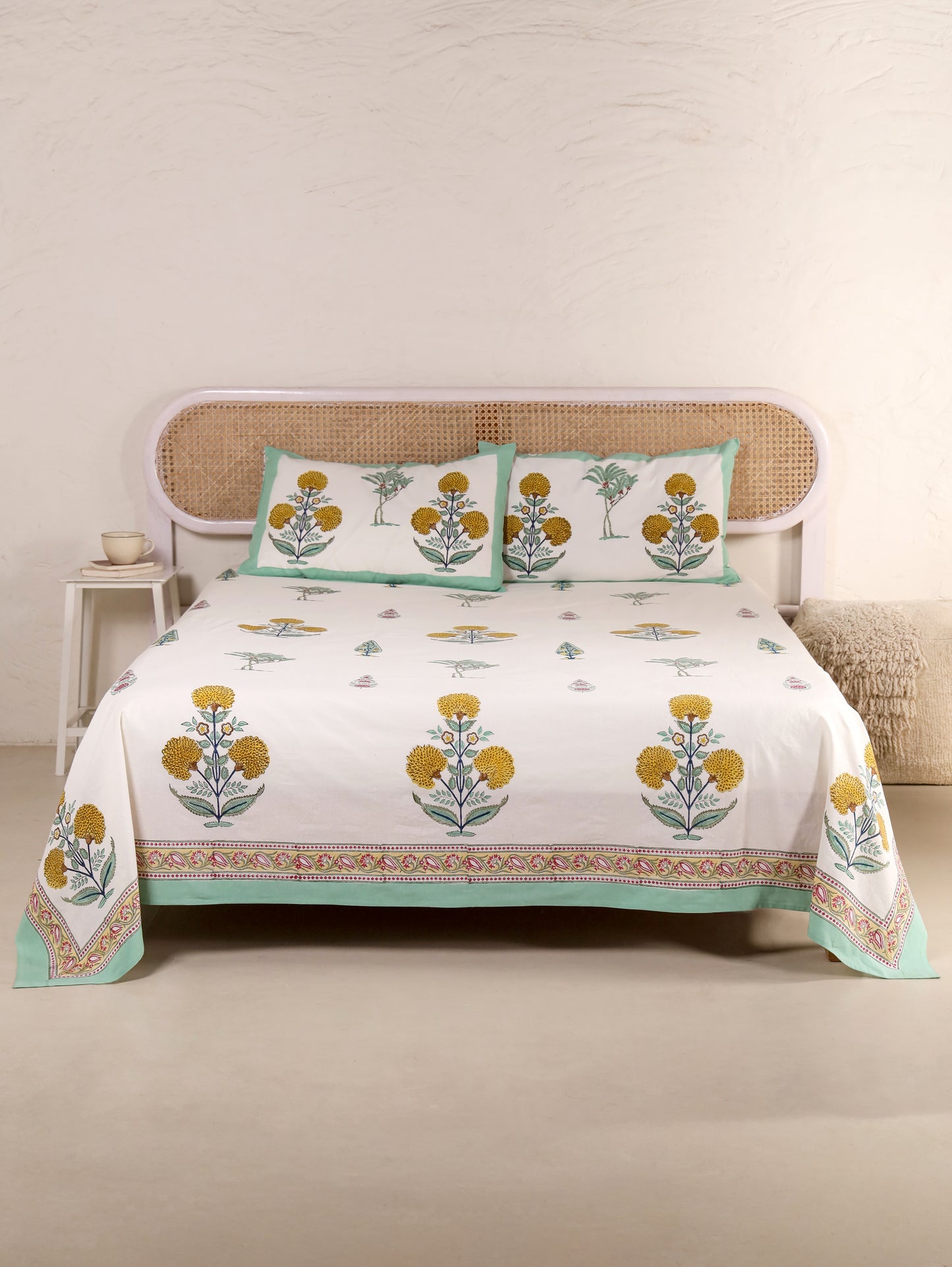 Hand Block Print Jaipuri Cotton Bedsheet With Two Reversible Pillow Cover
