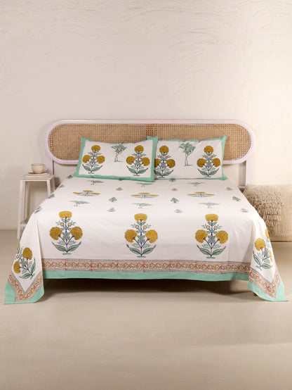 Hand Block Print Jaipuri Cotton Bedsheet With Two Reversible Pillow Cover