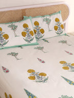 VINTAGE MULTI BUTTA PRINT HAND BLOCK PRINT COTTON BEDSHEET WITH PILLOW COVER