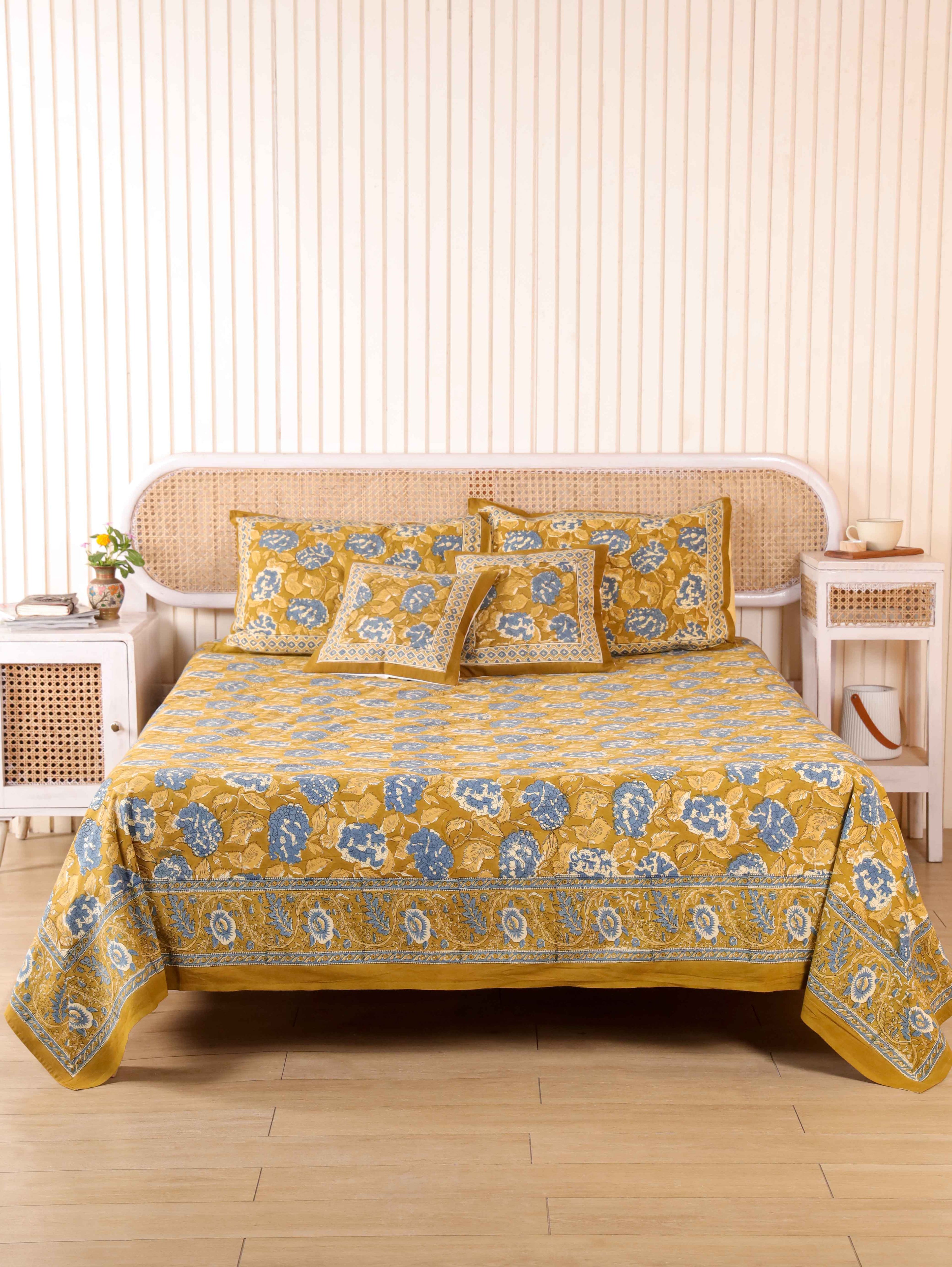 Hand Block Print Jaipuri Cotton Bedsheet With Two Reversible Pillow Cover