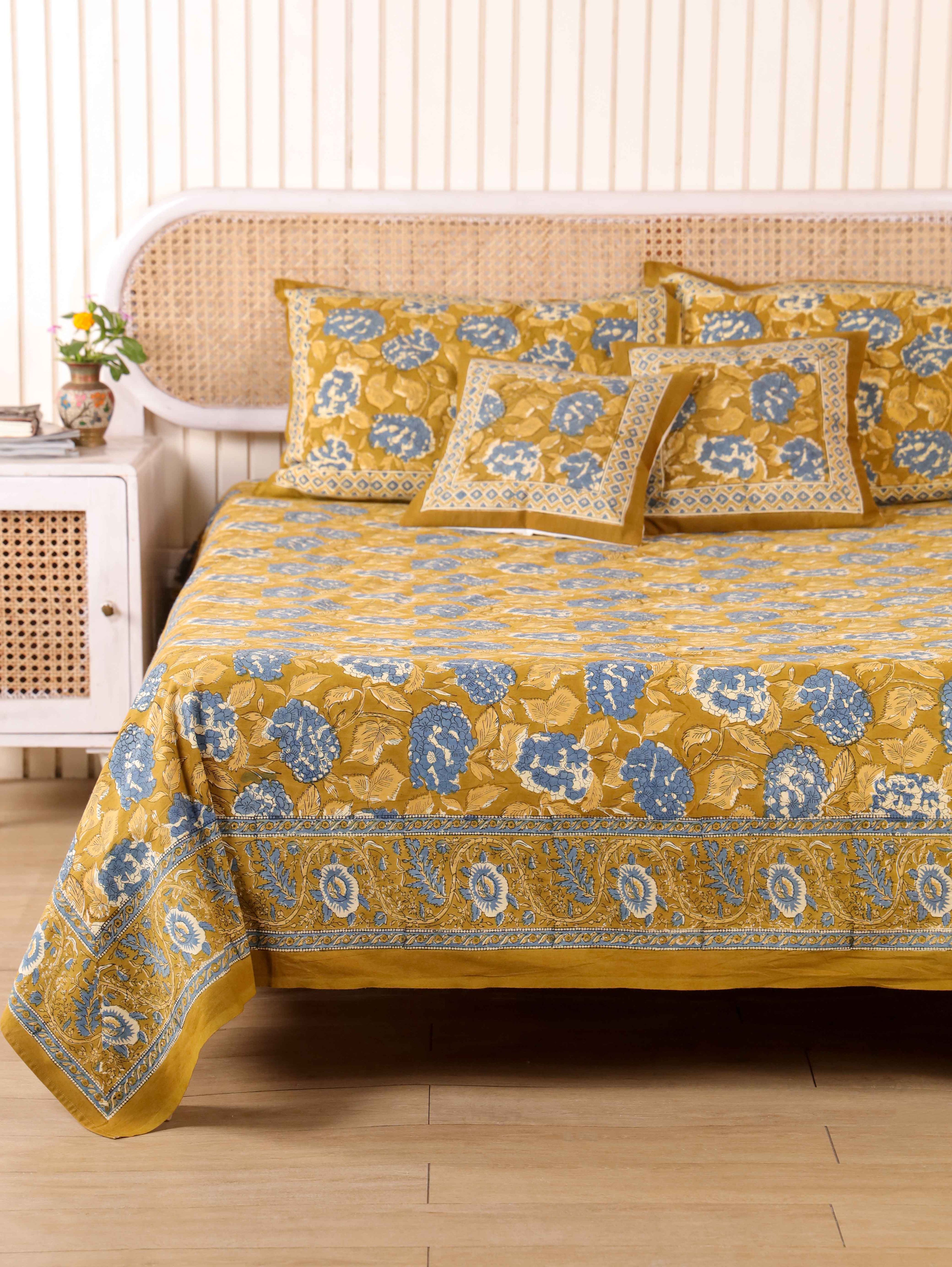 Hand Block Print Jaipuri Cotton Bedsheet With Two Reversible Pillow Cover