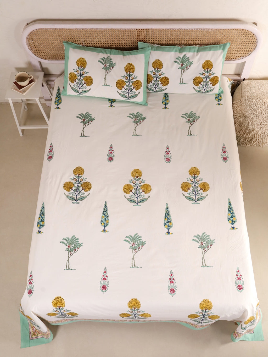 VINTAGE MULTI BUTTA PRINT HAND BLOCK PRINT COTTON BEDSHEET WITH PILLOW COVER