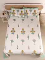 VINTAGE MULTI BUTTA PRINT HAND BLOCK PRINT COTTON BEDSHEET WITH PILLOW COVER
