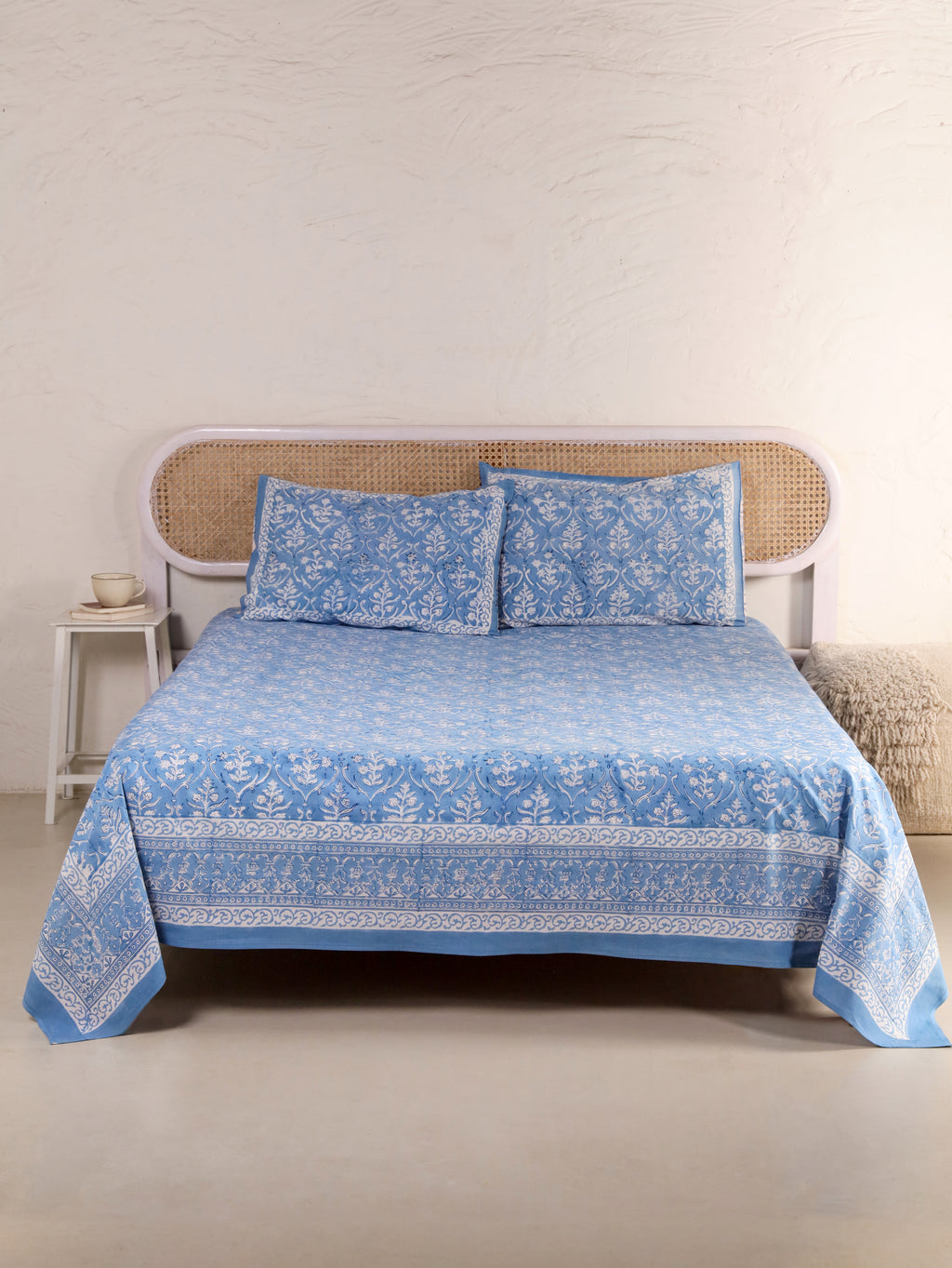DEEP BLUE DANIM  PRINT HAND BLOCK PRINT COTTON BEDSHEET WITH PILLOW COVER