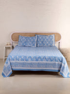 DEEP BLUE DANIM  PRINT HAND BLOCK PRINT COTTON BEDSHEET WITH PILLOW COVER