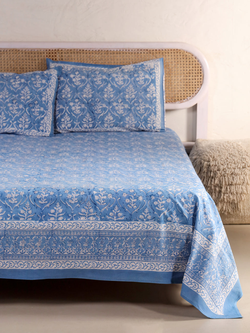 DEEP BLUE DANIM  PRINT HAND BLOCK PRINT COTTON BEDSHEET WITH PILLOW COVER