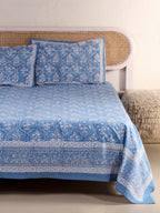 DEEP BLUE DANIM  PRINT HAND BLOCK PRINT COTTON BEDSHEET WITH PILLOW COVER