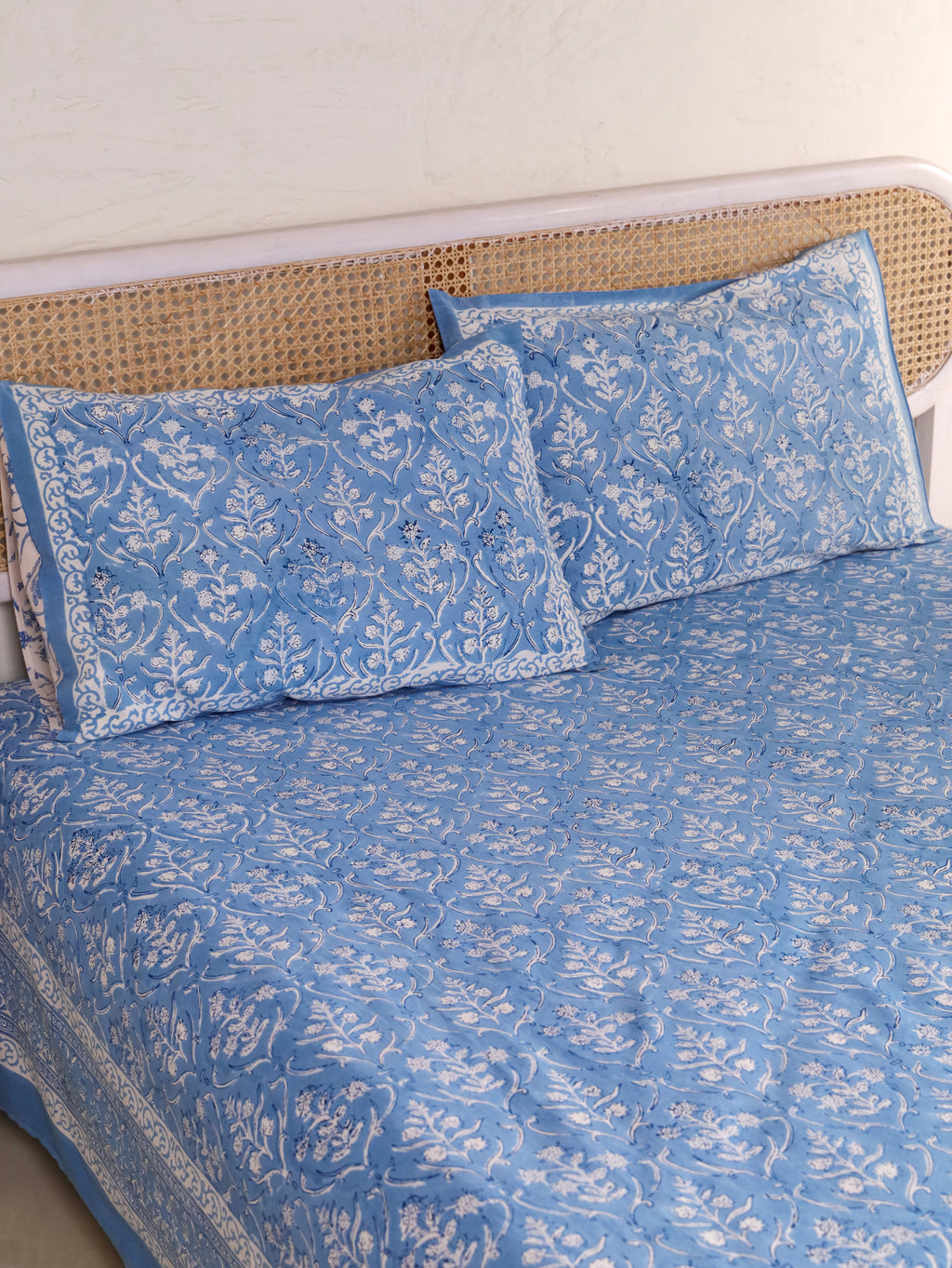 DEEP BLUE DANIM  PRINT HAND BLOCK PRINT COTTON BEDSHEET WITH PILLOW COVER