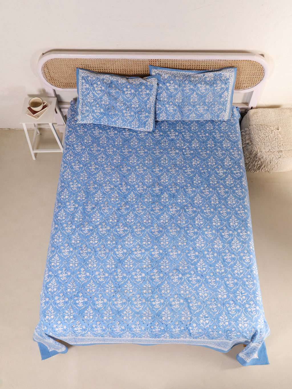 DEEP BLUE DANIM  PRINT HAND BLOCK PRINT COTTON BEDSHEET WITH PILLOW COVER