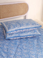 DEEP BLUE DANIM  PRINT HAND BLOCK PRINT COTTON BEDSHEET WITH PILLOW COVER