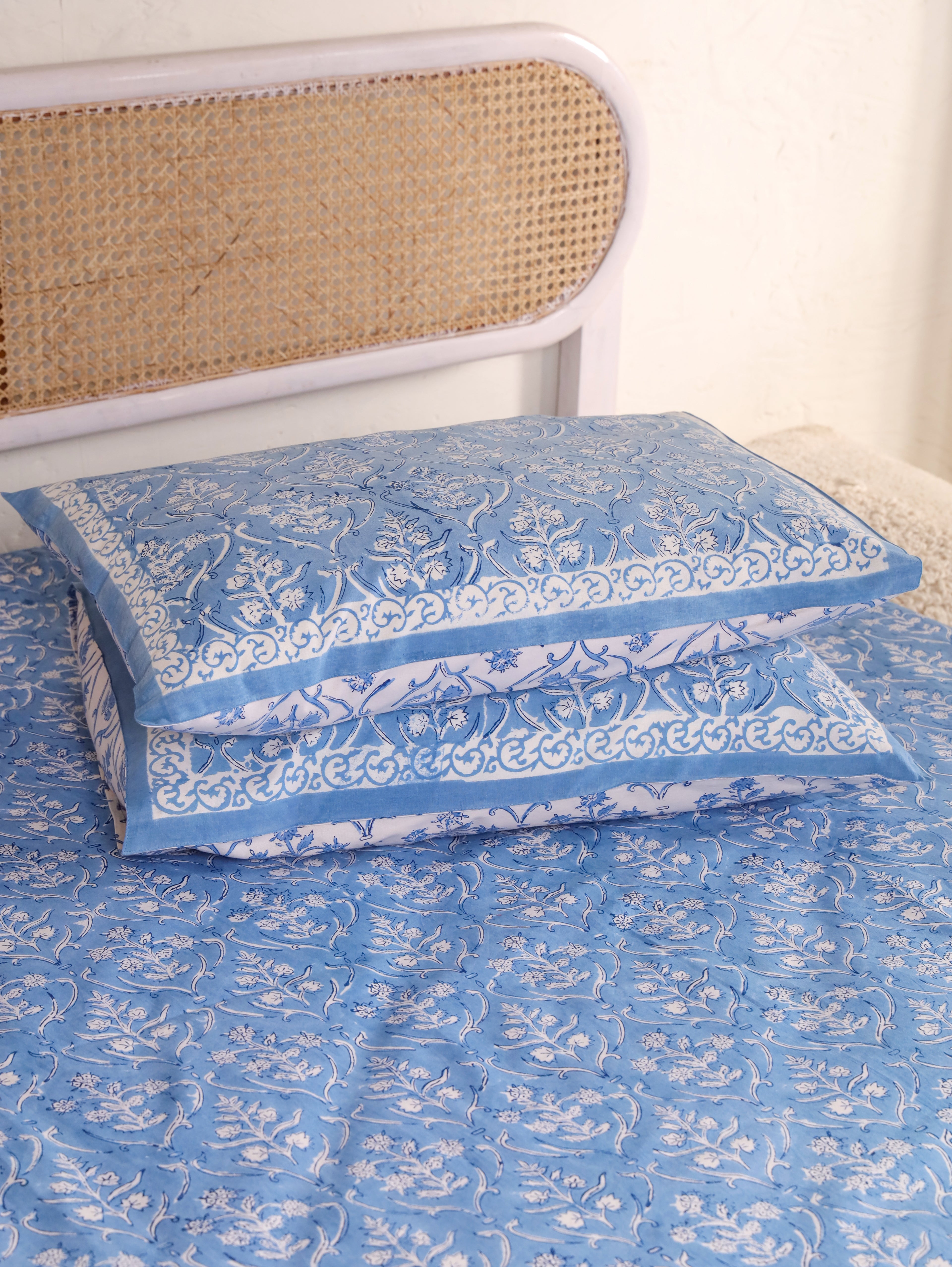 DEEP BLUE DANIM  PRINT HAND BLOCK PRINT COTTON BEDSHEET WITH PILLOW COVER