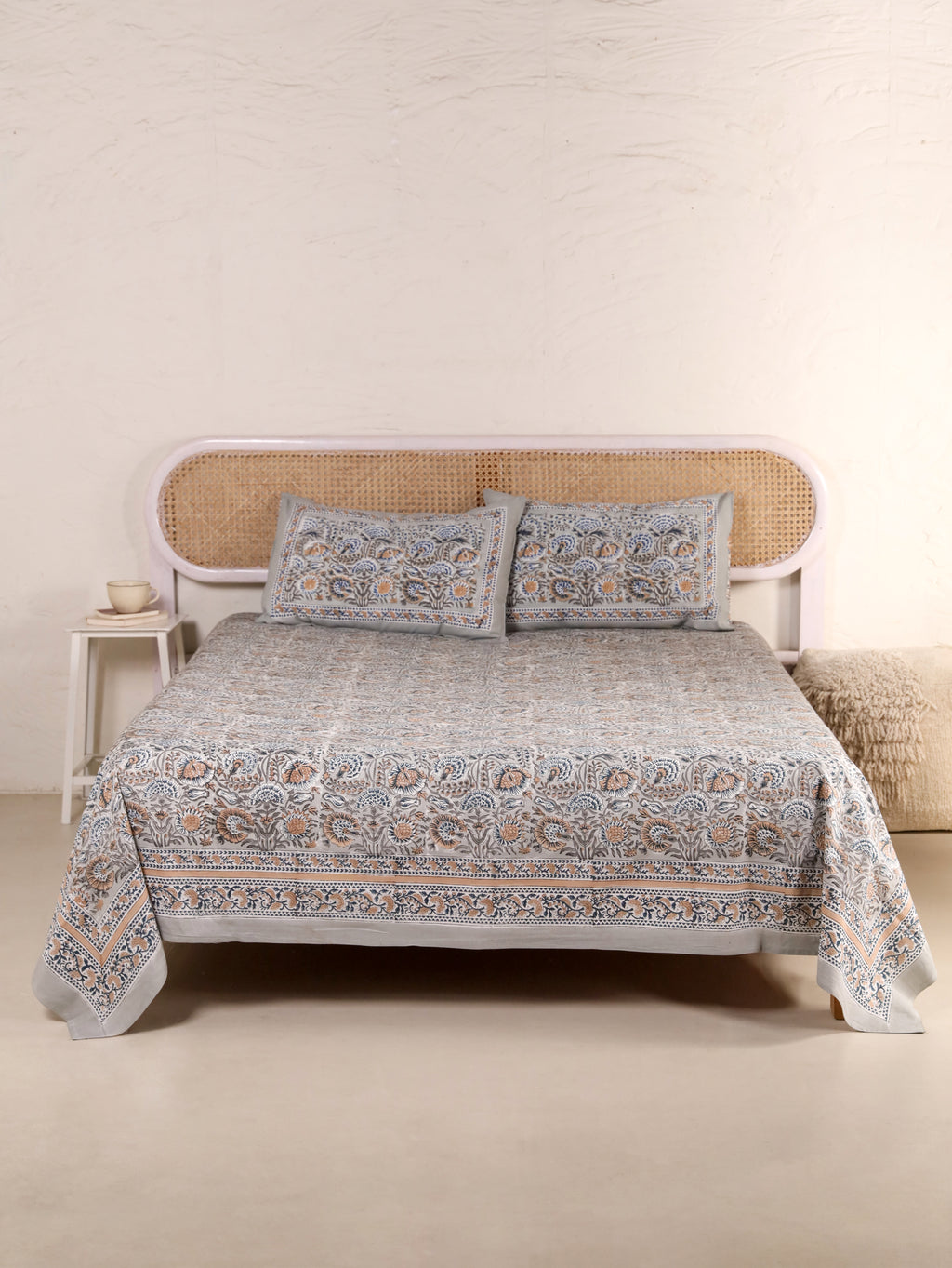 THE DARK GREY KASHYAB PRINT HAND BLOCK PRINT COTTON BEDSHEET WITH PILLOW COVER