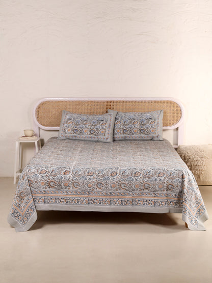 Hand Block Print Jaipuri Cotton Bedsheet With Two Reversible Pillow Cover