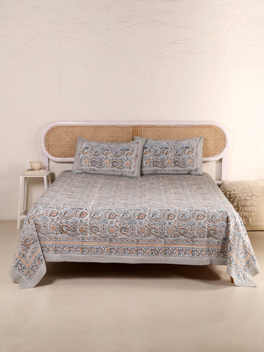 Hand Block Print Jaipuri Cotton Bedsheet With Two Reversible Pillow Cover