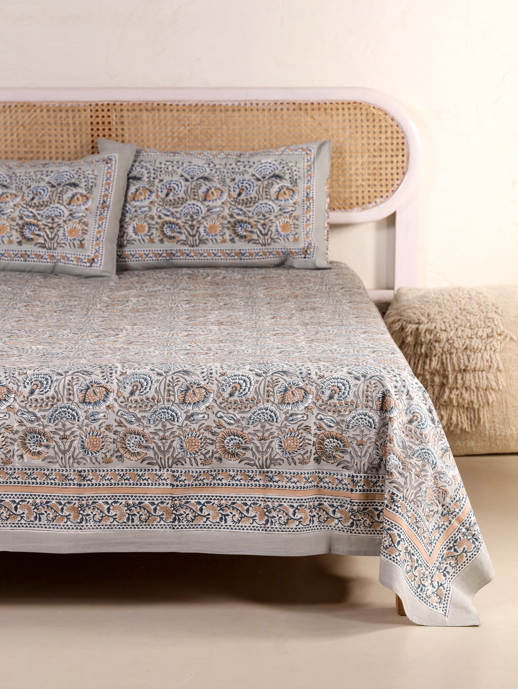 THE DARK GREY KASHYAB PRINT HAND BLOCK PRINT COTTON BEDSHEET WITH PILLOW COVER
